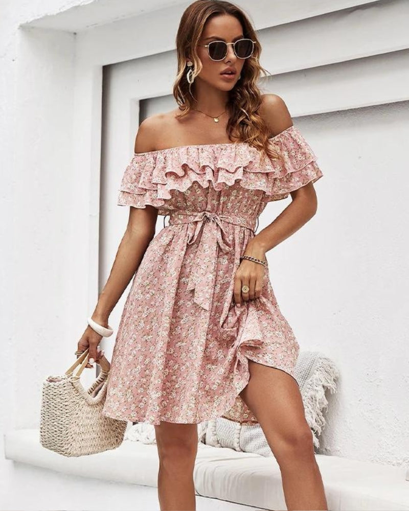 Robe Epaule Dénudée Rose Poudré courte