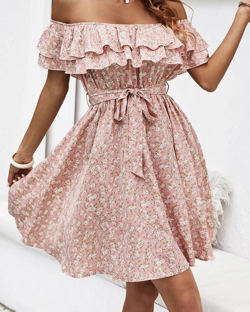Robe Epaule Dénudée Rose Poudré à fleurs