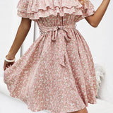 Robe Epaule Dénudée Rose Poudré à fleurs