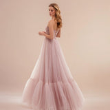 Robe longue rose poudré mariage de côté