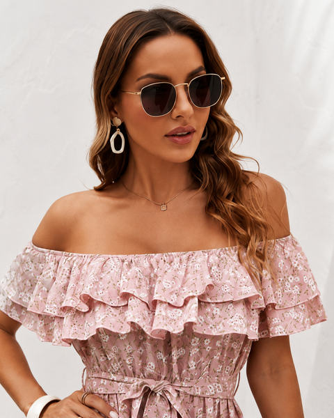 Robe épaule dénudée rose poudré