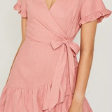 Robe Rose Poudré Manche Courte col v