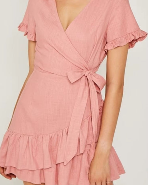 Robe Rose Poudré Manche Courte col v