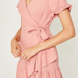 Robe Rose Poudré Manche Courte noeud