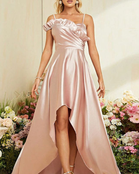 Robe longue satiné rose poudré asymétrique