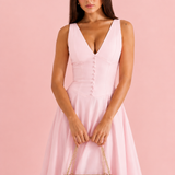 Robe midi rose poudré élégante à décolleté plongeant 