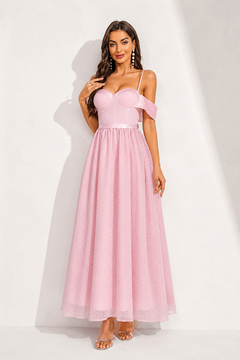 Robe épaule dénudée rose poudré