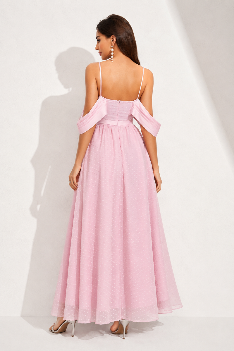 Robe épaule dénudée rose poudré de dos