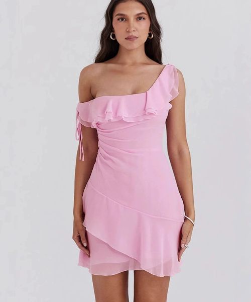 Robe cocktail rose poudré asymétrique