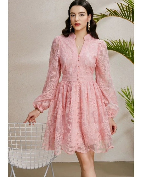 Robe cocktail rose poudré dentelle