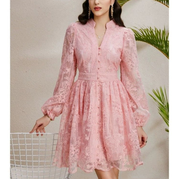 Robe cocktail rose poudré dentelle