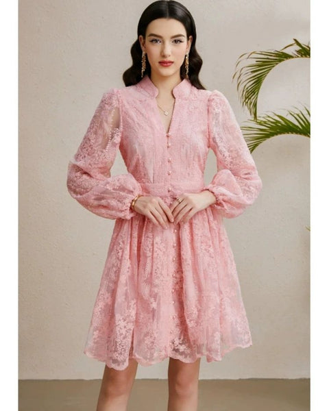 Robe cocktail rose poudré dentelle