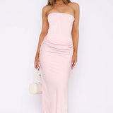 Robe cocktail rose poudre longue