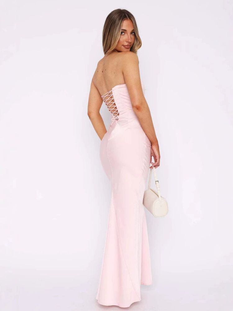 Robe cocktail rose poudre longue rose
