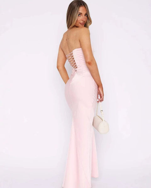 Robe cocktail rose poudre longue rose