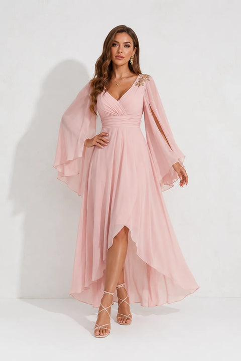 Robe Asymétrique Rose Poudré A Volant