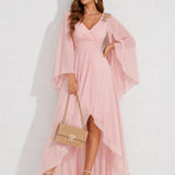 Robe Asymétrique Rose Poudré A Volant