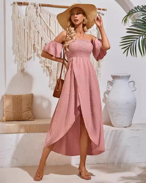 Robe Asymétrique Rose Poudré A Volant