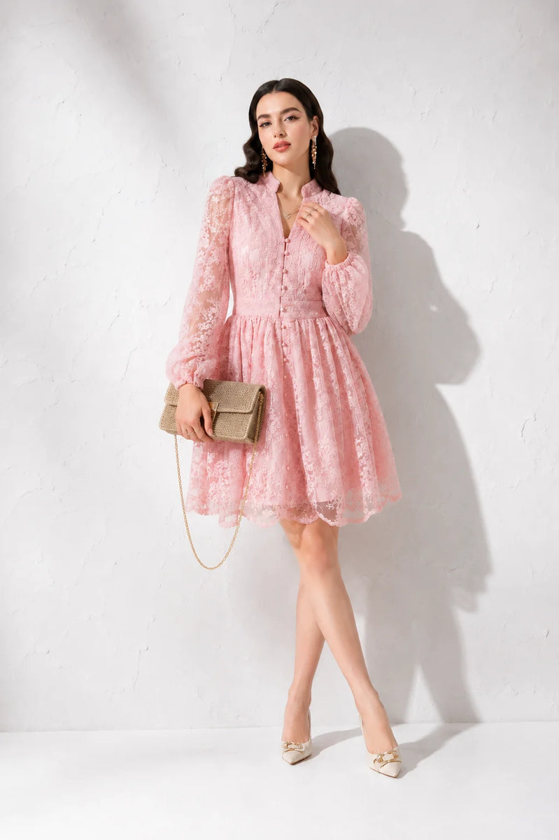 Robe Cocktail Rose Poudré Dentelle