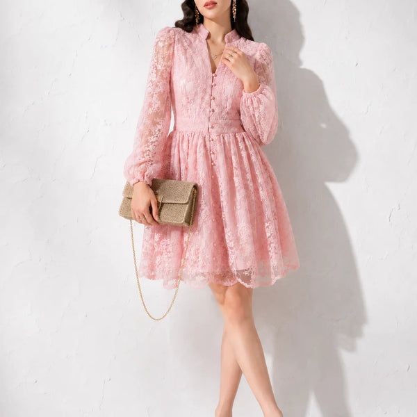 Robe Cocktail Rose Poudré Dentelle