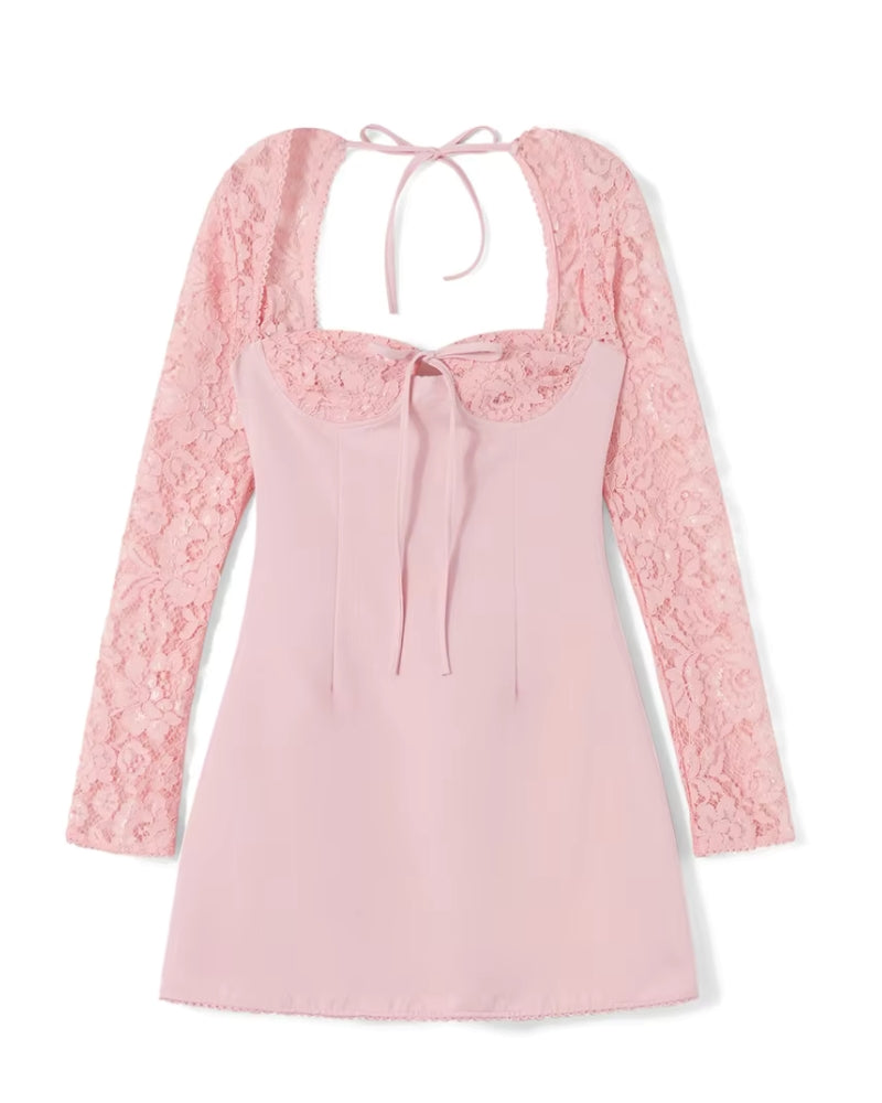 Robe Cocktail Rose Poudré Dentelle col carré