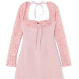 Robe Cocktail Rose Poudré Dentelle col carré