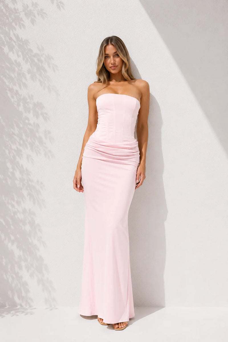 robe cocktail rose poudré longue