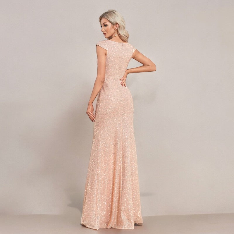 Robe cocktail rose poudré longue sale