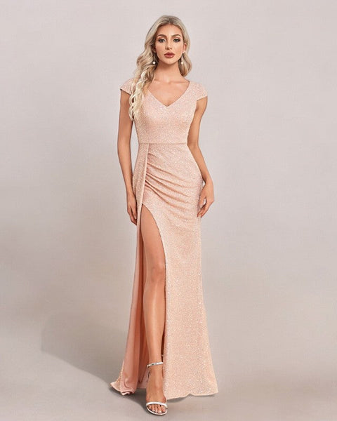 robe cocktail rose poudré longue femme