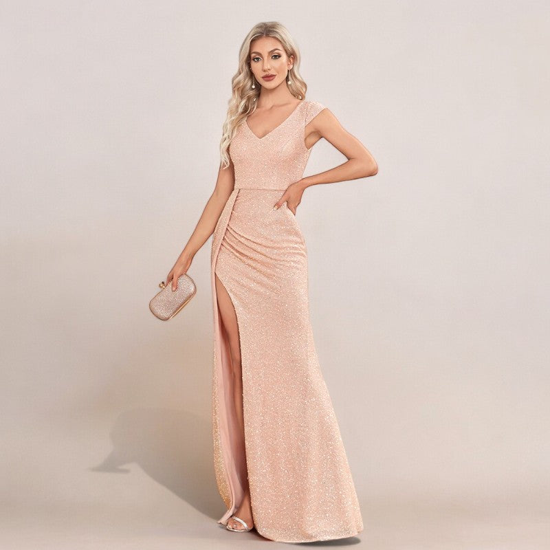 Robe longue femme rose poudré sale