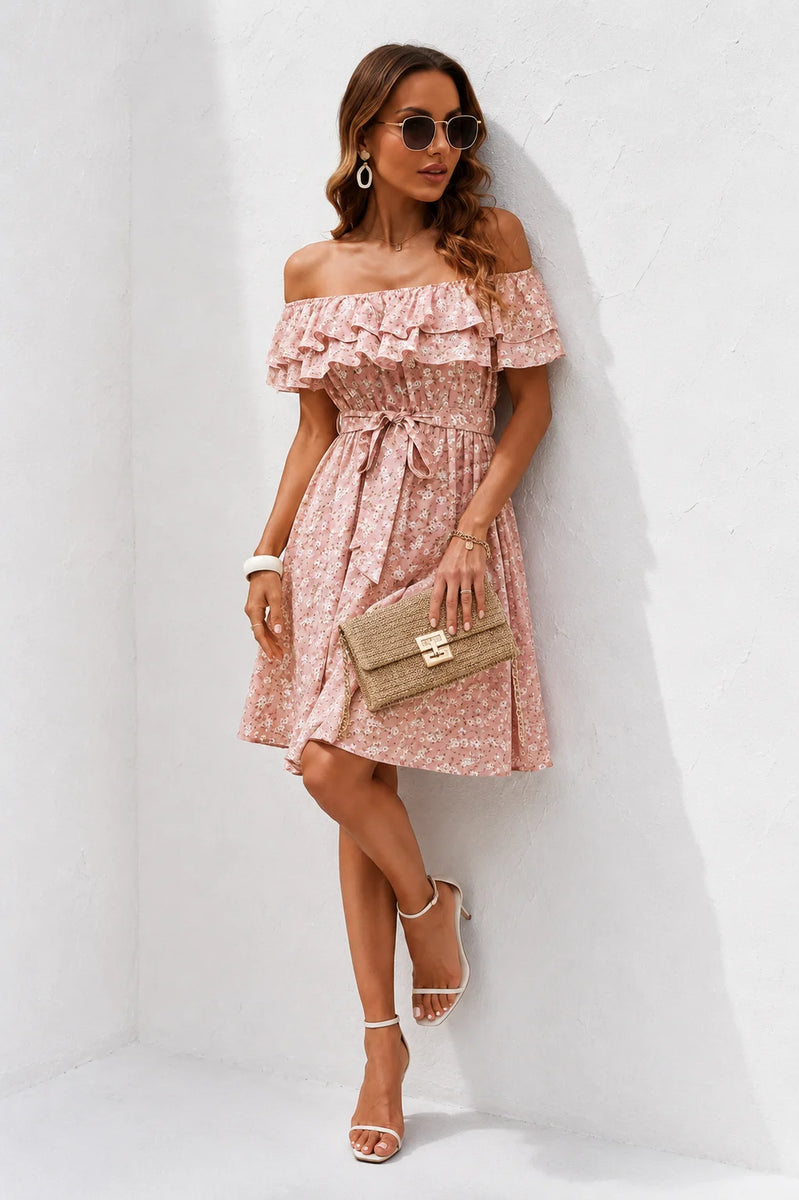 Robe Epaule Dénudée Rose Poudré