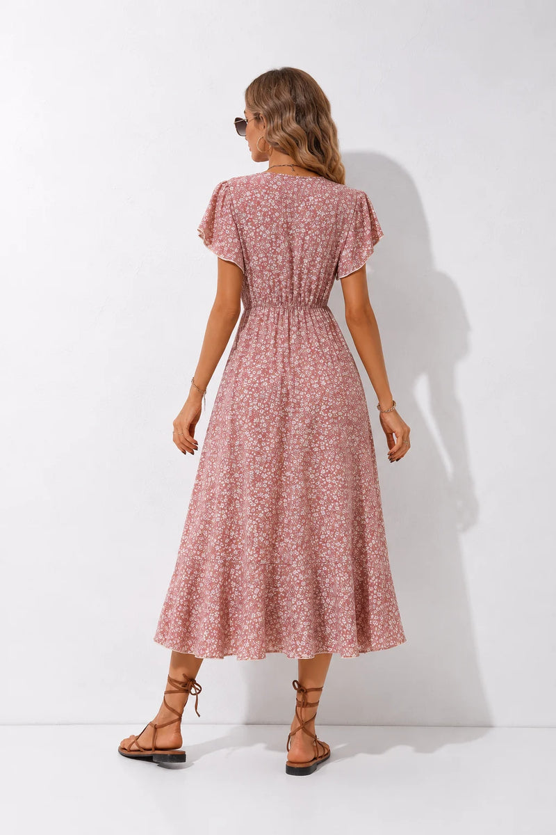 Robe Longue Fleurie Rose Poudré