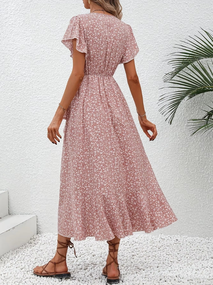 Robe Longue Fleurie Rose Poudré de dos