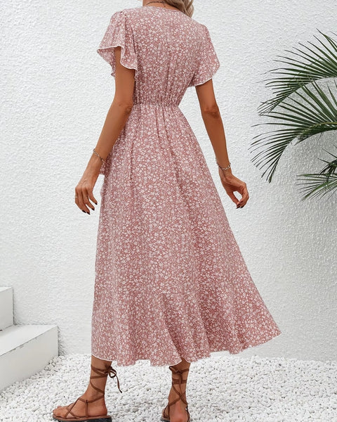 Robe Longue Fleurie Rose Poudré de dos