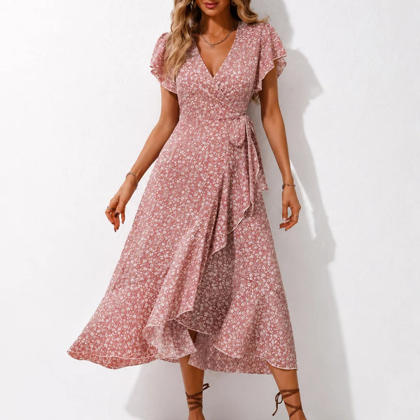 Robe Longue Fleurie Rose Poudré