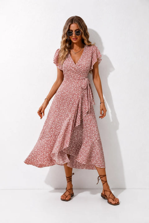 Robe Longue Fleurie Rose Poudré